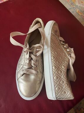 Tory Burch Quilted Metallic Rose Gold Lace-Up Sneakers, size 10.5 woman